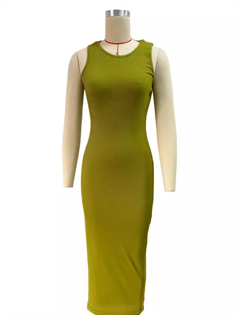 Uveng Uveng Women's Commuting Pits Long Dress Sleeveless Round Collar High-Waisted Ass Dress