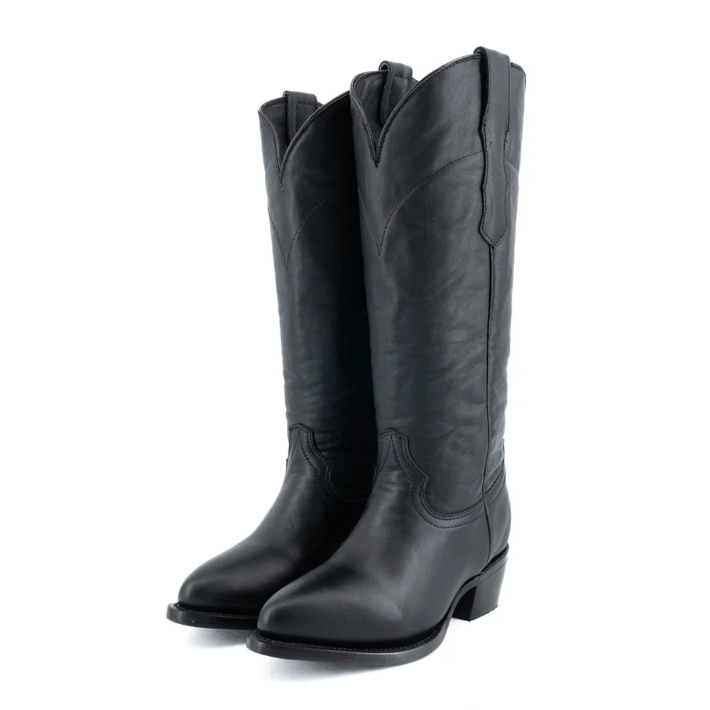 Chunky Heel Round Toe Slip-On Black Western Boots for Women