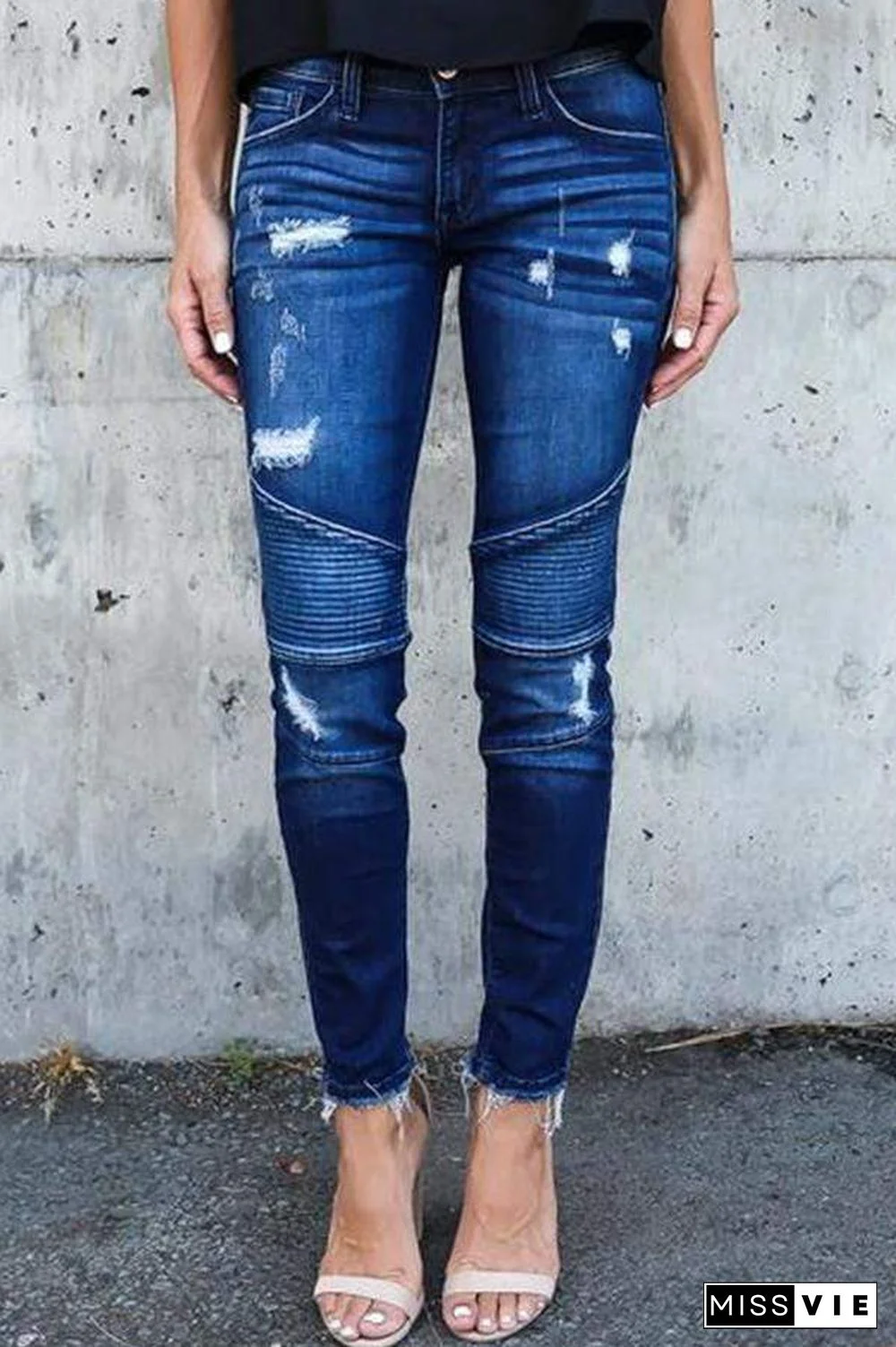 Regular Waist Solid Color Skinny Fit Hole Jeans
