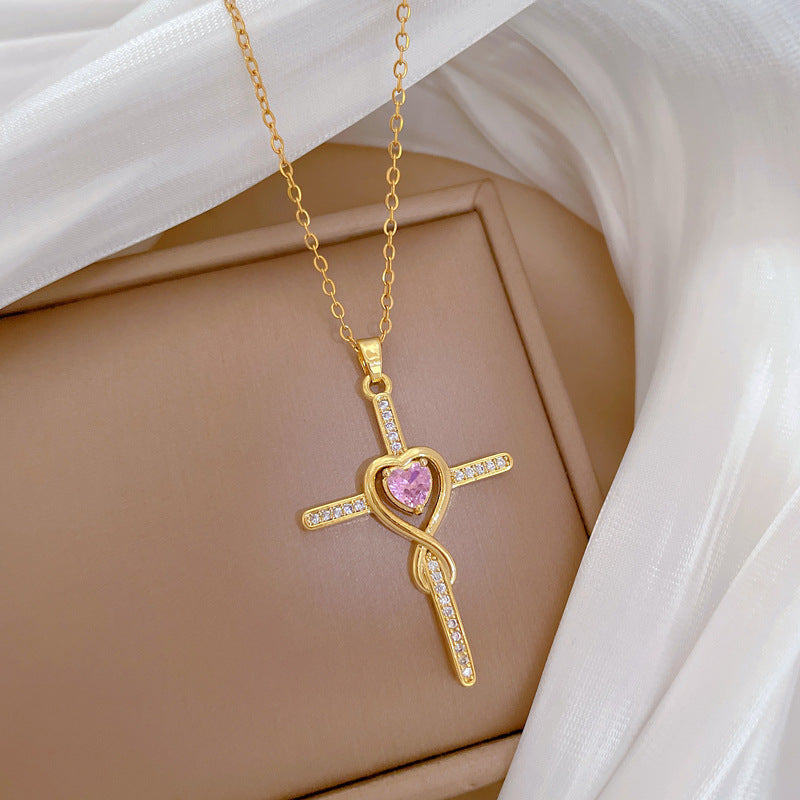 Cross Full Diamond Gorgeous Full Diamond Necklace Women’S Versatile Clavicle Chain Titanium Steel Chain