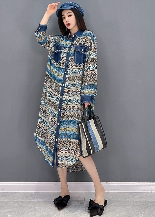 VCSHOES Blue Peter Pan Collar Denim Patchwork Chiffon Shirt Dress Long Sleeve