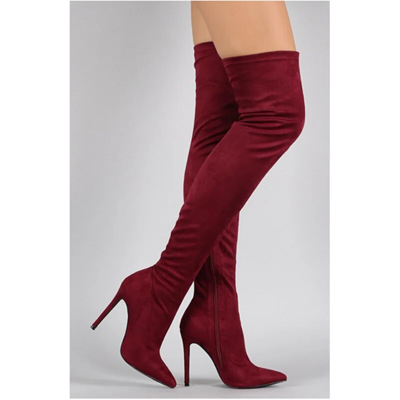 VCSHOES High Heels Purple Stretch Thigh Boots Pointed Toe Solid Suede Socks Boots Women Over Knee Boots Outfit Street High Boots