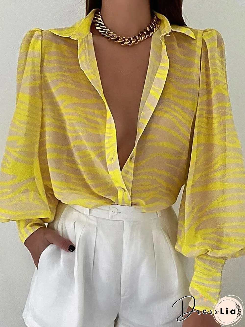 Fashion Lantern Sleeve Spring Summer Tops Blouses Casual Pattern Printed Single-bleached