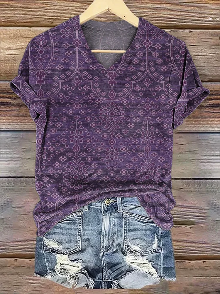 Women's Art Painting Hippie Print V-Neck T-Shirt