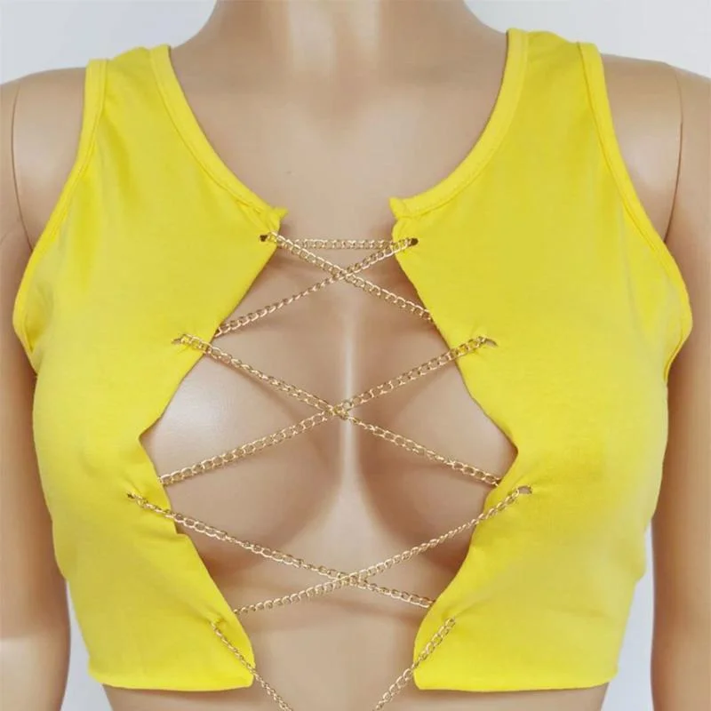 Red Black White Metal Chain Sleeveless Crop Top Sexy Clubwear Women Adjustable Lace Up Hollow Out Tank Tops Tees Camisole 1103-1