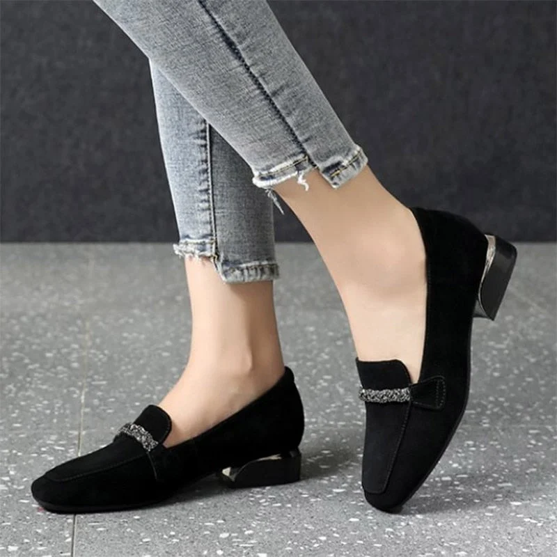 2021 Autumn Winter Women Loafers Low Heels Boat Shoes Square Toe Dress Shoes Chain Faux Suede Plush Warm Ladies Shoes