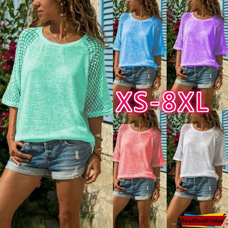 XS-8XL Women's Fashion Summer Casual T Shirts Plus Size Short Sleeve Hollow Out Stitching Lace Blouses Candy Color Loose Casual O-neck Solid Color Oversize Tops