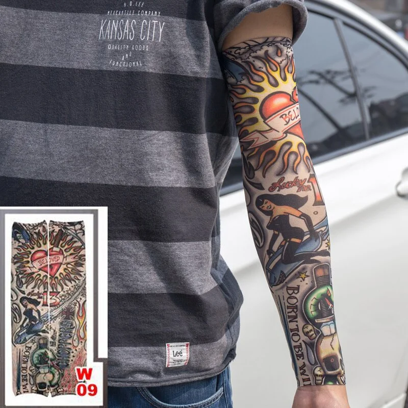 1pc hot sale tattoo sleeve styles elastic Fake 100%nylon Arm stocking beloved girl Buddha Wolf Dragon design halloween cool men