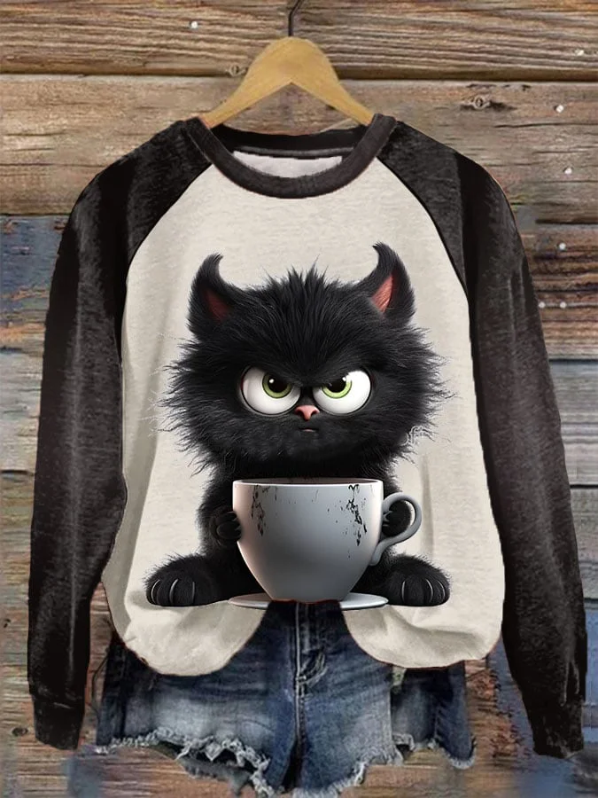 Women's Winter Funny Cute Wonderland Clothing Clipart Cat Coffee Printed Sweatshirt