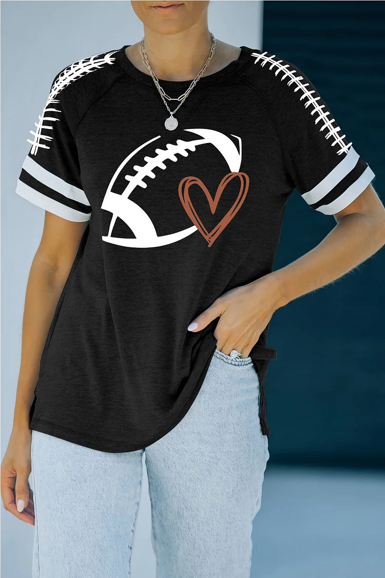 American Football Heart Striped Round Neck Shift Casual T-Shirts socialshop