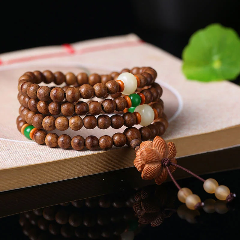 108 Mala Beads Agarwood White Jade Lotus Prayer Meditation Necklace Bracelet