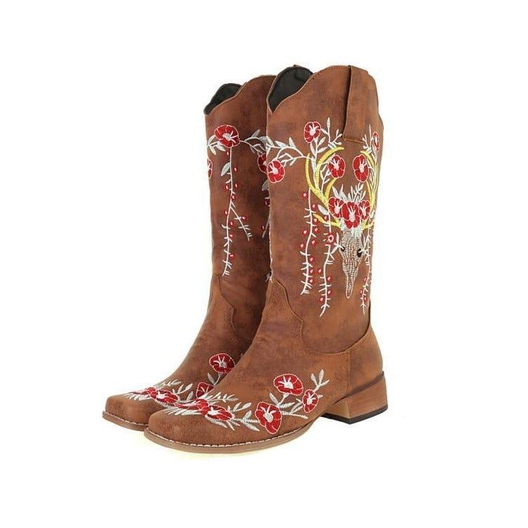 Vintage Cowgirl Boots Embroidery Square Toe Mid Calf Boots