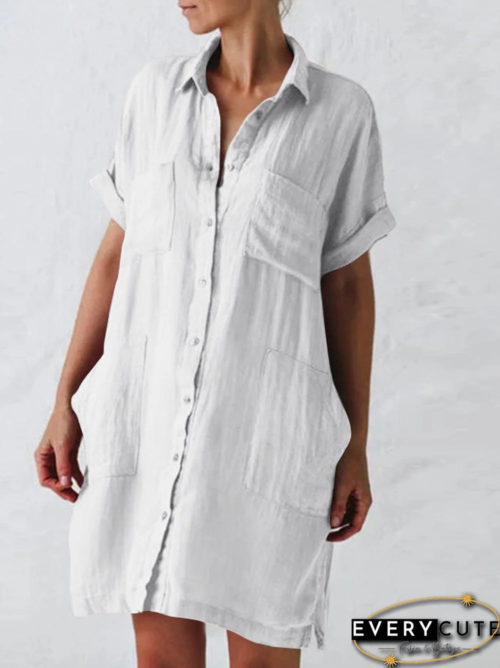 Women'S Dresses Lapel Short Sleeve Pocket Shirt Dress