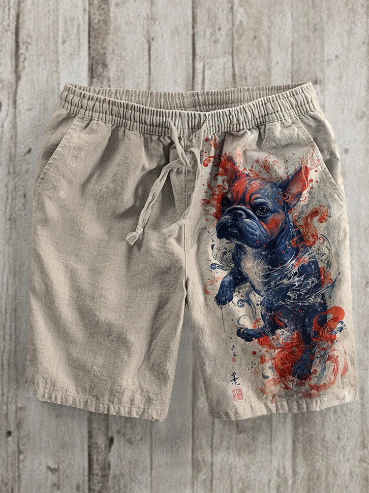 Men's Sea Wave Bulldog Art Print Casual Shorts