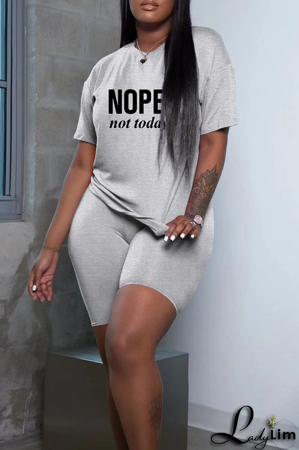Grey Fashion Casual Letter Print Basic O Neck Short Sleeve Two Pieces