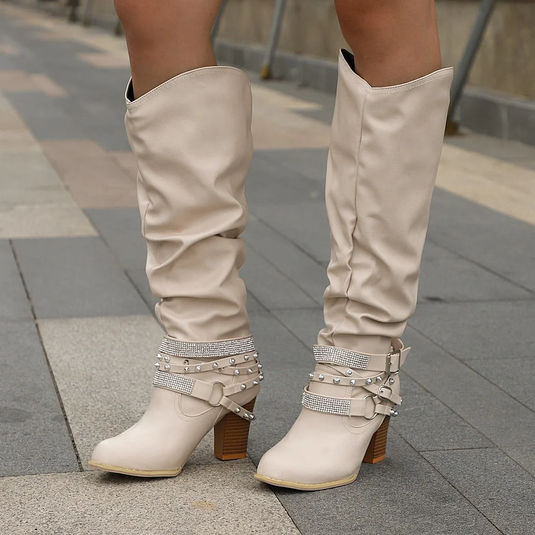 Qengg 2022 New Women Boots Sexy Rivet Pointed Toe Belt Buckle Female Shoes Fashion Leather Punk Motorcycle Boots Lady Knee High Boots