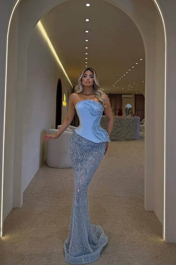 Lussooy Stunning Sequins Blue Strapless Beading Sleeveless Long Prom Dress 