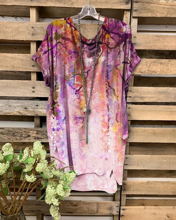 Women's Purple Flower Print Casual Short Sleeve-Mayoulove