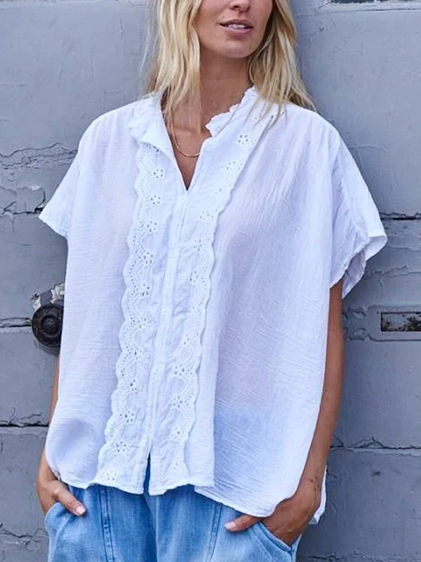 Embroidered Ruffled Flowy Shirt Short Sleeve tjj Shicloths