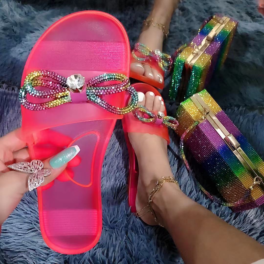 Women's peep toe rhinestone bow flat jelly clear slides | Cute summer outdoors slippers