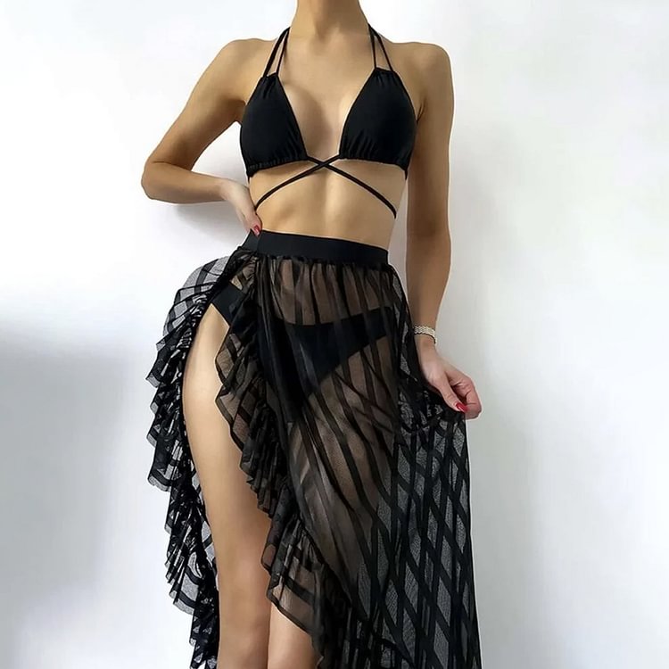 Sexy Black Mesh Three-piece Bikini Swimsuit