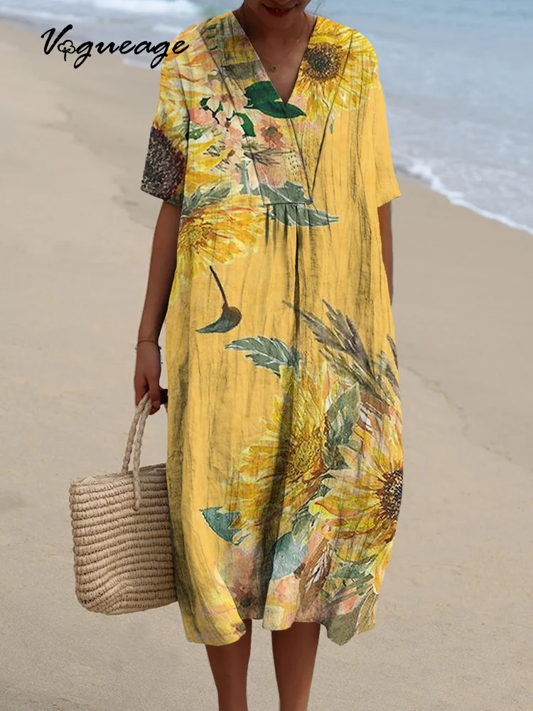 Bright Golden Chrysanthemums Printed Women's Casual Cotton And Linen Dress