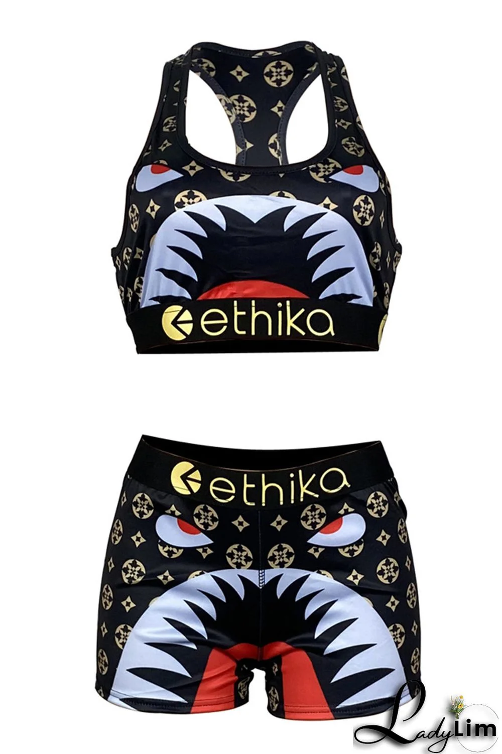 Black Sexy Casual Print Backless U Neck Sleeveless Two Pieces