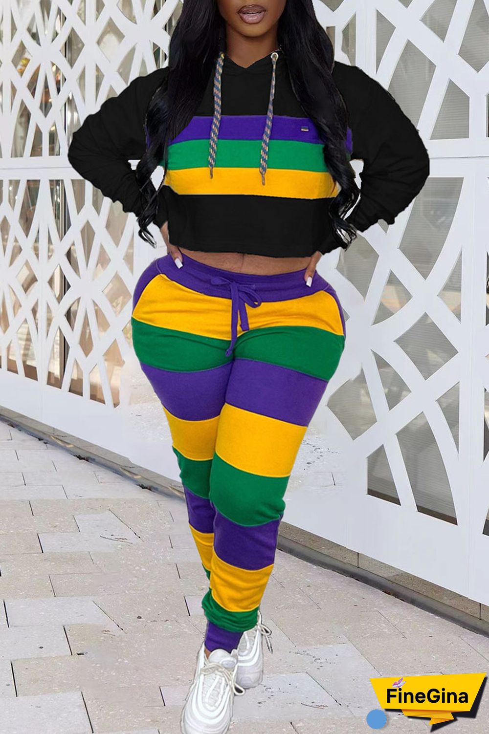 White Casual Striped Print Patchwork Hooded Collar Long Sleeve Two Pieces