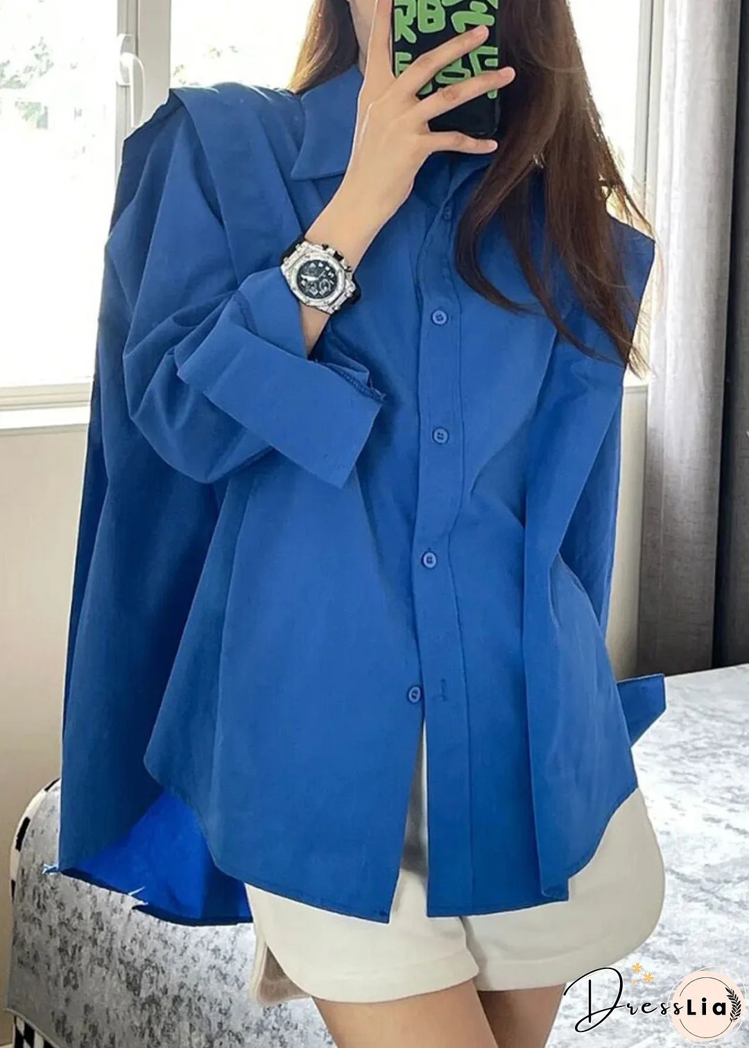 Loose Blue Peter Pan Collar Button Patchwork Cotton Shirt Top Long Sleeve