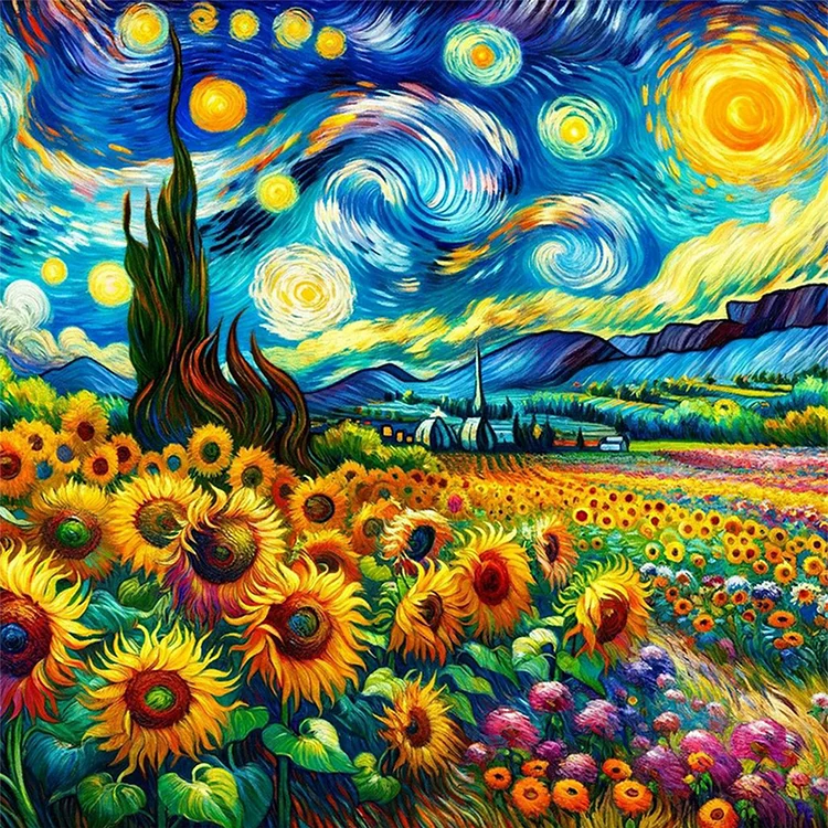 【Huacan Brand】Van Gogh Landscape Sunflowers 18CT Stamped Cross Stitch 50*50CM