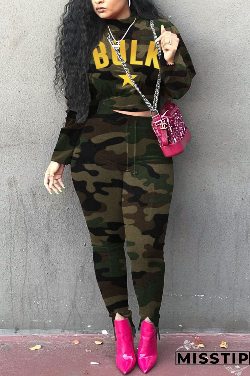 Army Green Casual Print O Neck Long Sleeve Two Pieces