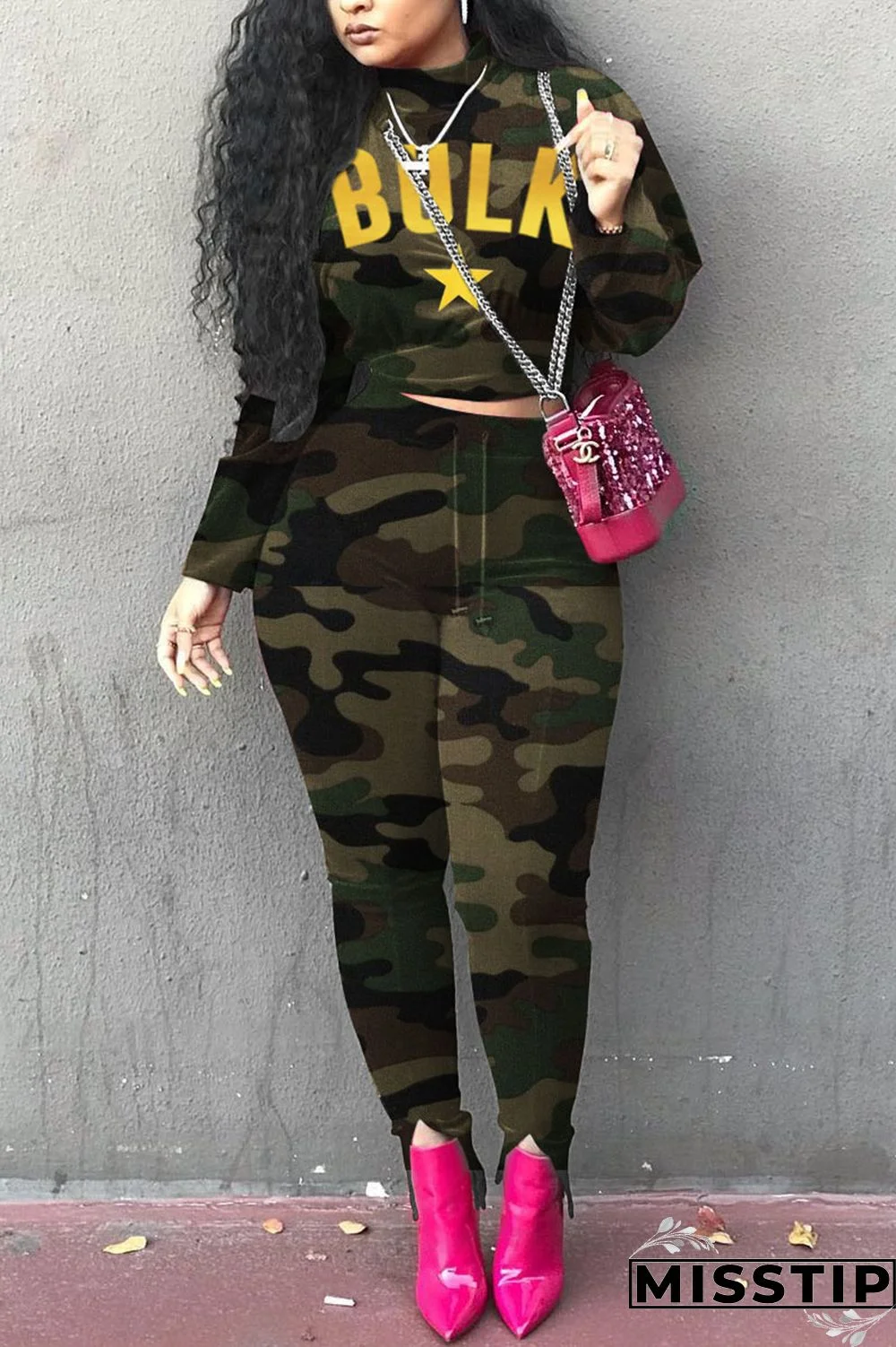 Army Green Casual Print O Neck Long Sleeve Two Pieces