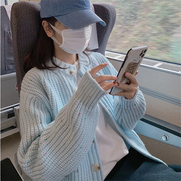 Toloer Toloer Milk Blue Sweater Coat Female Autumn Winter Loose Languid Lazy Wind Gentle Foreign Style Jacket Salt Department Knit Cardigan-Outfit Ideas