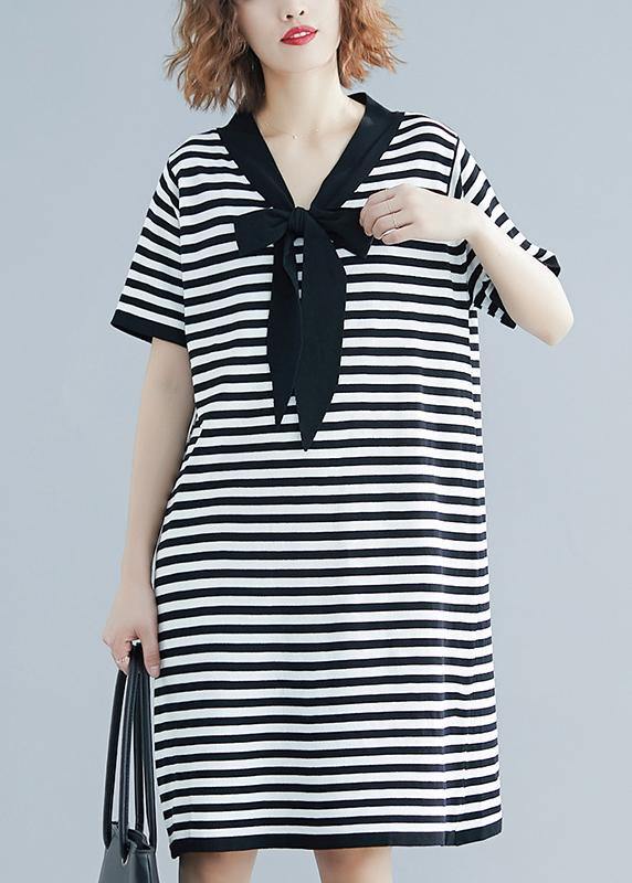 VCSHOES Black White Narrow Striped Short Sleeve Summer Cotton Dress