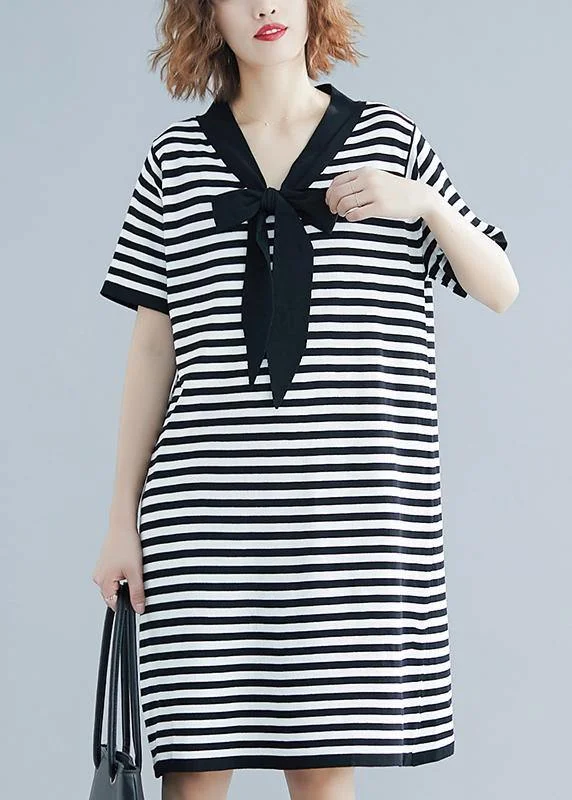Beautiful Black White Narrow Striped Short Sleeve Summer Cotton Dress