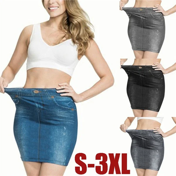 Women Fashion Print Seamless Skirt Faux Denim Jean Skirts Short Slim High Waist Elastic Mini Dress Plus Size S-3XL
