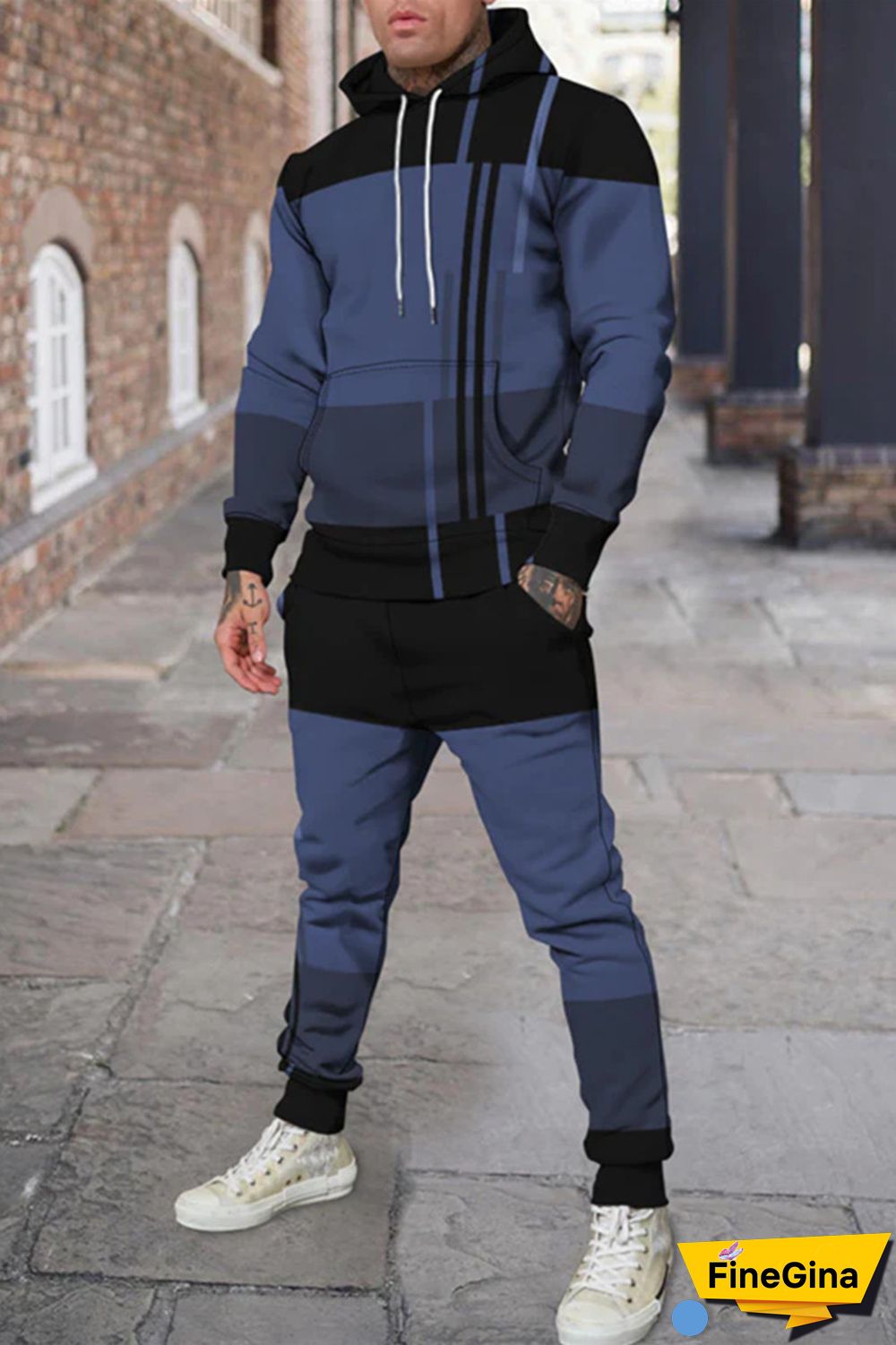 Blue Men's Personalized Printed Hoodie Set 033