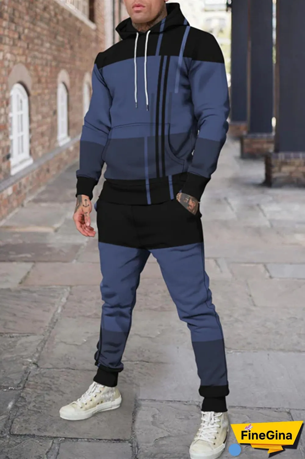 Blue Men's Personalized Printed Hoodie Set 033