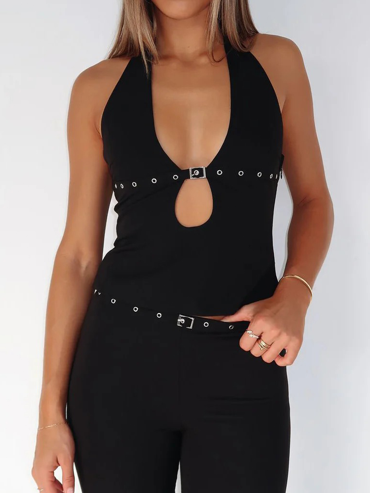 Halter Neck Hardware-Accent Cutout Crop Top - HIGIANNA&reg;
