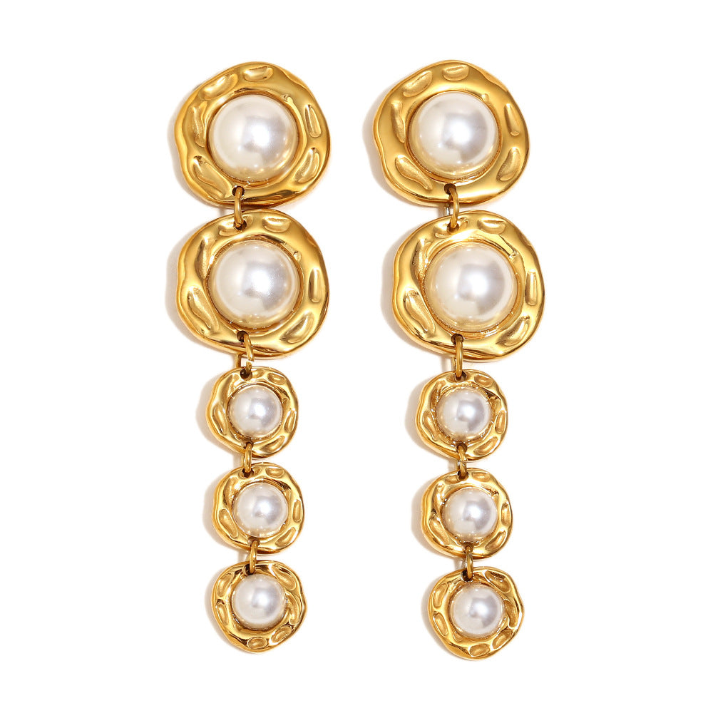 Ins Fashion Niche Retro Earrings Stainless Steel Plated 18K Gold Large And Small Pearl Long Earrings For Women