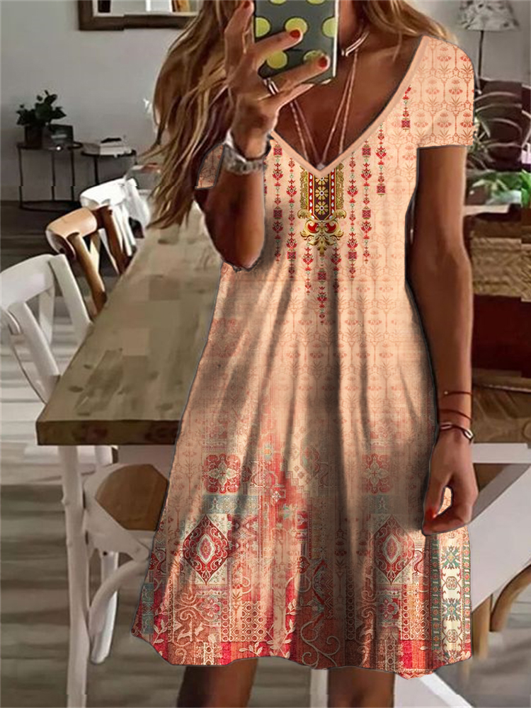  Western Floral Pattern V-Neck Short Sleeve Midi Dress Westsshops