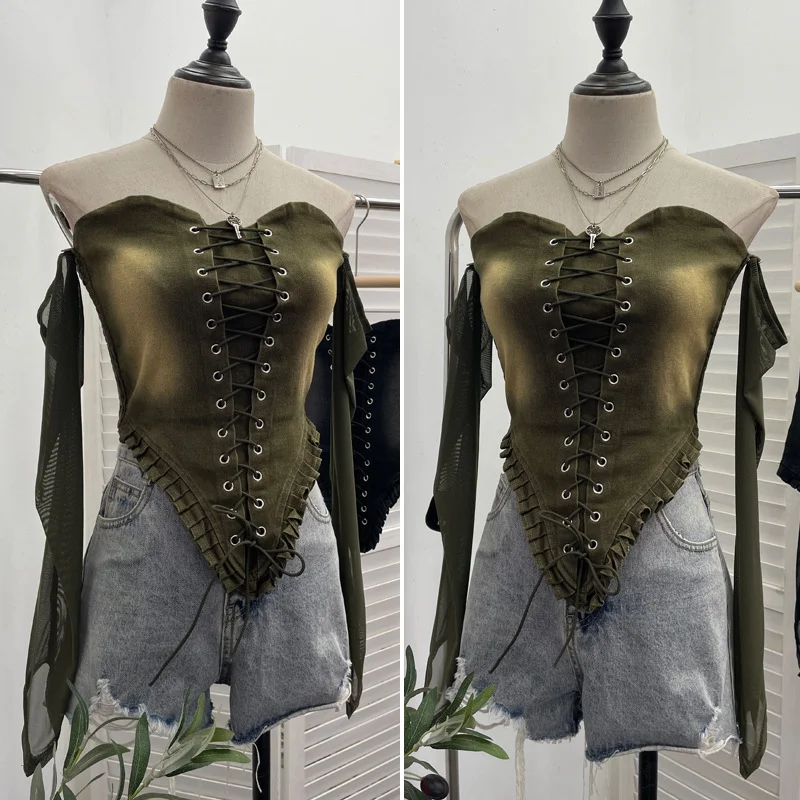 Nigikala Nigikala Sexy Tset Blouse Irregular Cowboy Splicing Mesh Yarn Tie With Short T-Shirt 6105