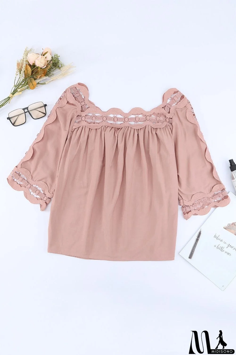 MidiSono - Pink Half Sleeve Crochet Trim Blouse
