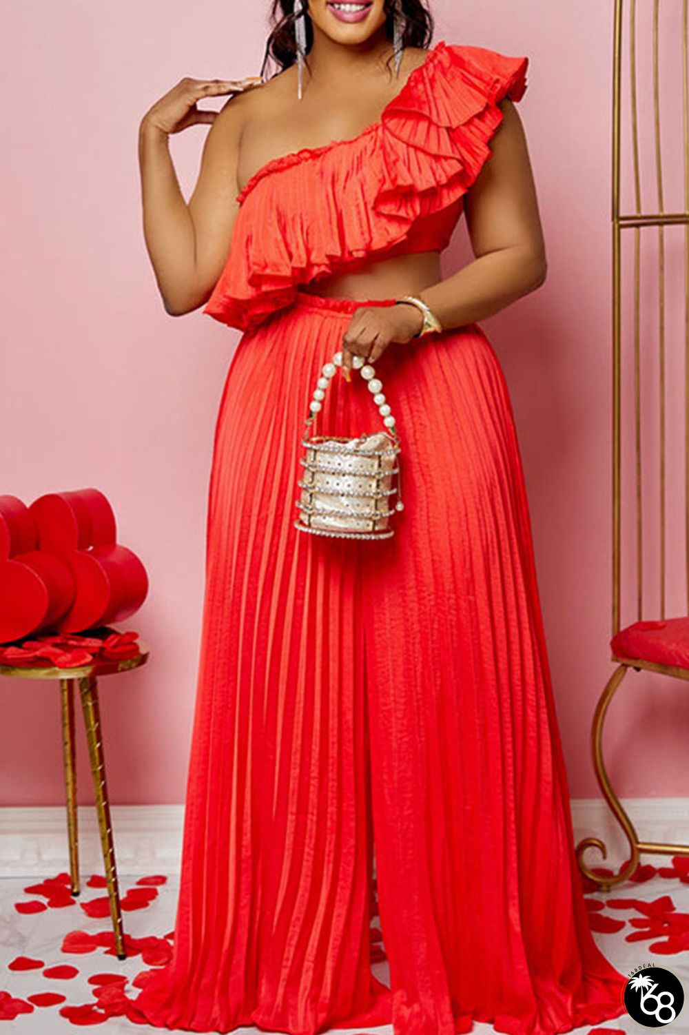 Tangerine Red Sexy Solid Patchwork Flounce Fold Oblique Collar Sleeveless Two Pieces | 168DEAL