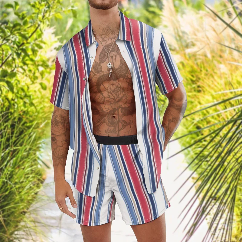Men's Casual Summer Striped Shirt Two Piece