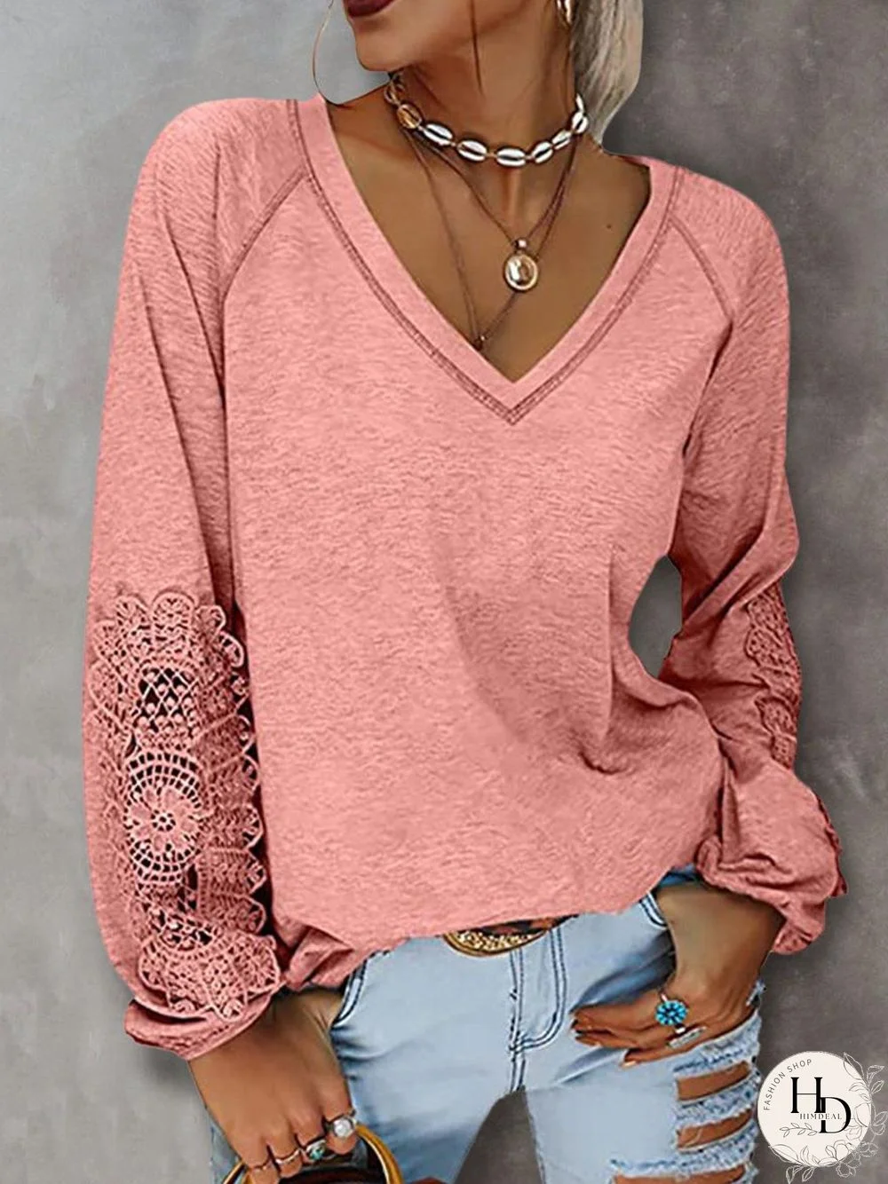 Fall/Winter Solid Color V-neck Stitching Lace Lantern Sleeve T-shirt