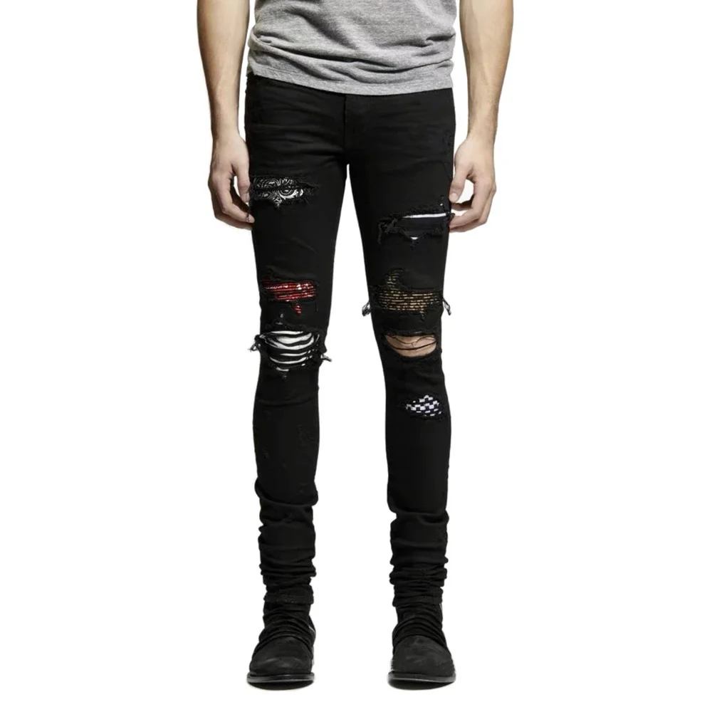 Men's Rapper Jeans Cashew Flower Leopard Print Splicing Skinny Denim Black Jeans