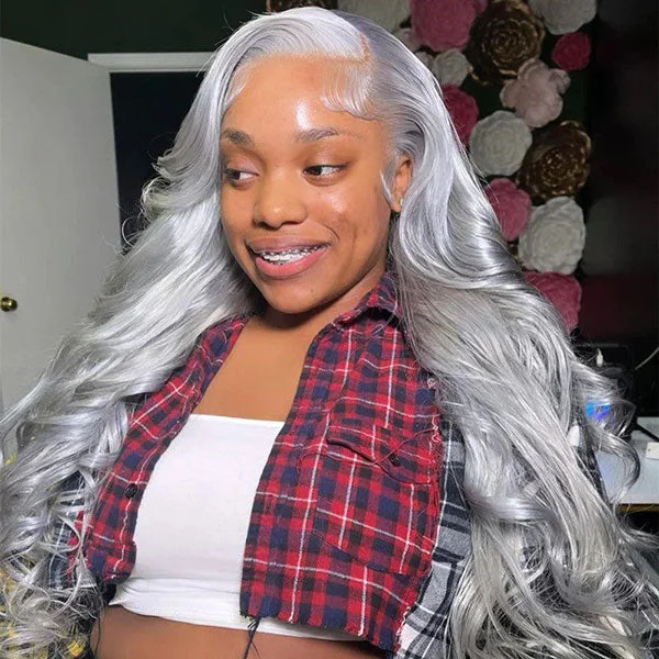 Junoda Silver Grey Body Wave Wig Lace Front Wig Colored Human Hair Wigs for Women