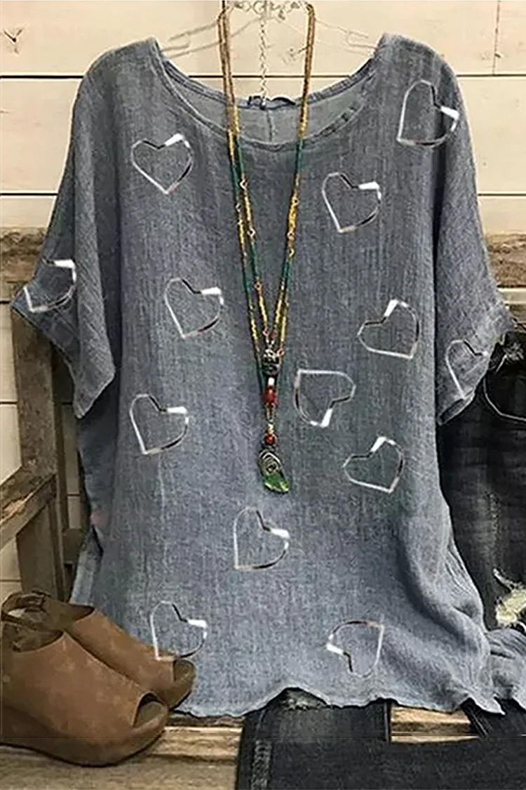 Flycurvy Plus Size Casual Grey Linen Heart Print Blouse  Flycurvy [product_label]