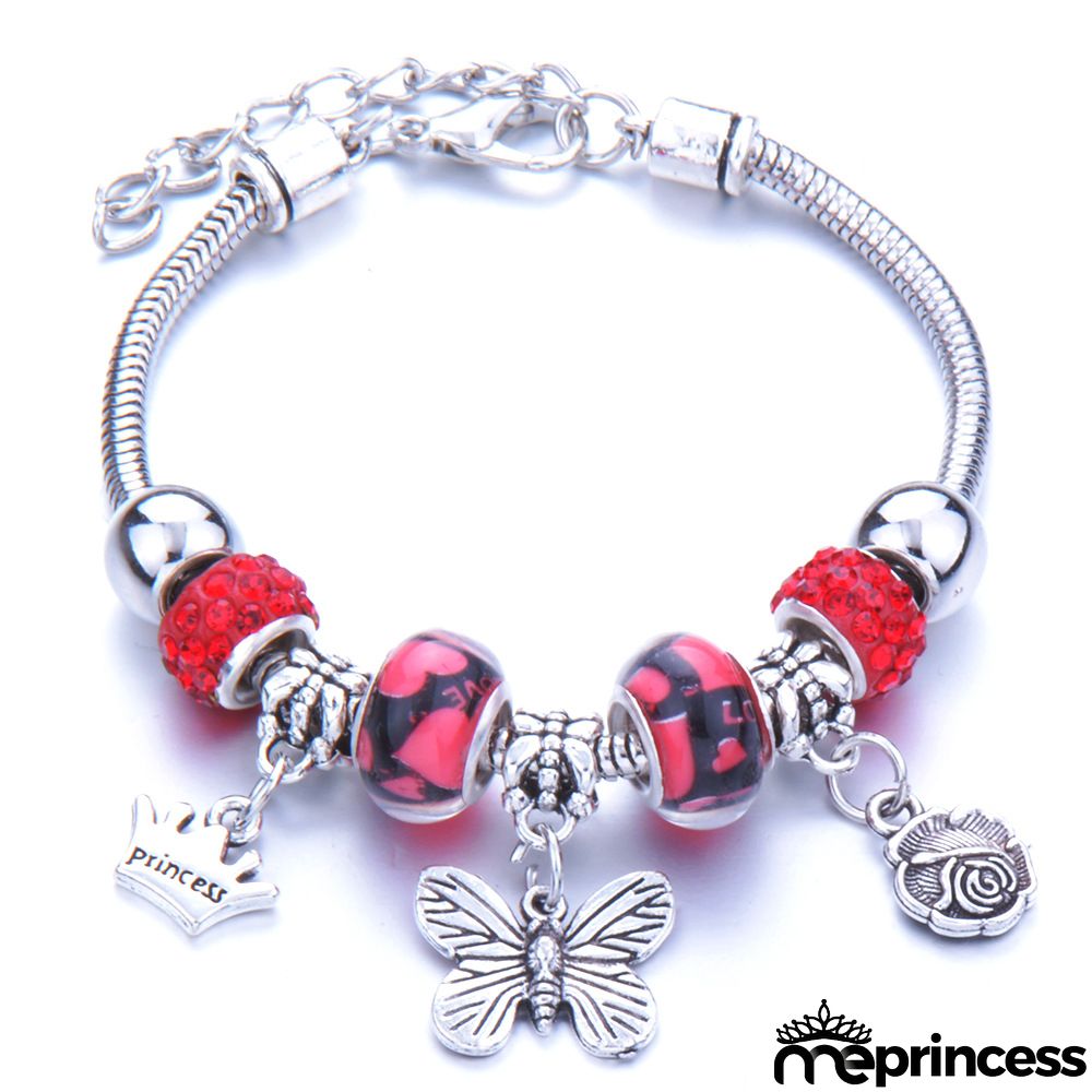 Women Fashion Rhinestone Butterfly Crown Pendant Beaded Bracelet